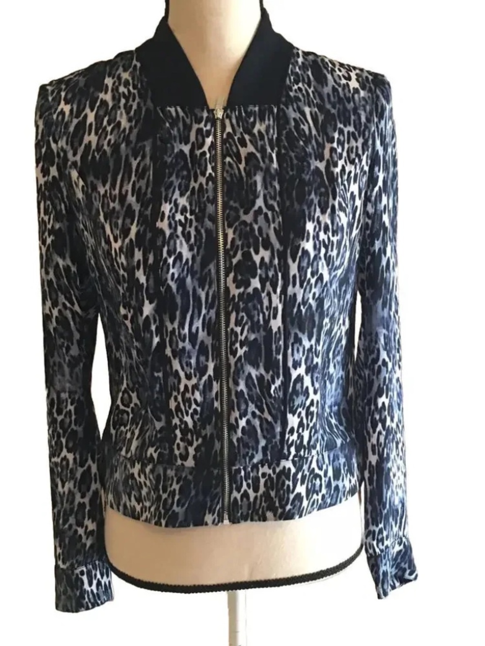 Cache Blue & White Animal Leopard Print Zip-Front Blousy Jacket Size M